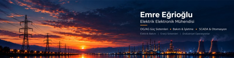 Emre Eğrioğlu — Elektrik Elektronik Mühendisi. Gün batımında enerji iletim hatları ve endüstriyel tesisler.